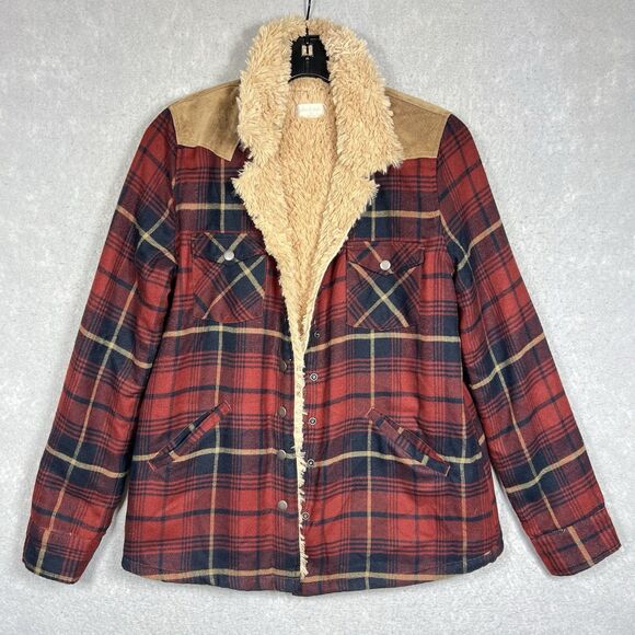 Altar’d State Jacket Women’s Medium Sherpa Lined Burgundy Plaid Coat Snap Button - Picture 1 of 12